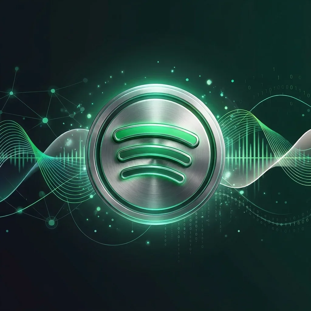 A sleek, high-tech graphic featuring a brushed-metal Spotify monogram glowing with emerald light at its center. Set against a dark charcoal background, the logo anchors a landscape of flowing audio equalizer waves, delicate constellation network nodes, and cascading binary data streams—symbolizing the fusion of streaming media with artificial intelligence and machine learning. A sleek, high-tech graphic featuring a brushed-metal Spotify monogram glowing with emerald light at its center. Set against a dark charcoal background, the logo anchors a landscape of flowing audio equalizer waves, delicate constellation network nodes, and cascading binary data streams—symbolizing the fusion of streaming media with artificial intelligence and machine learning.